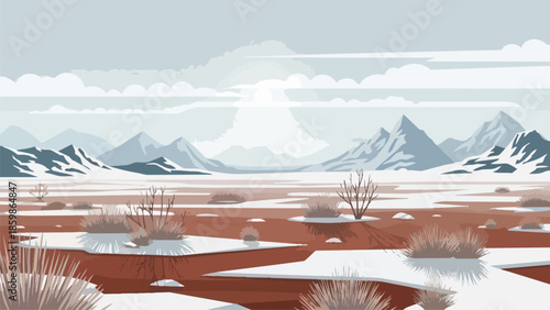 Vector illustration of a serene frosty winter landscape featuring distant snow-capped mountains, partially frozen ground, sparse vegetation, and a
