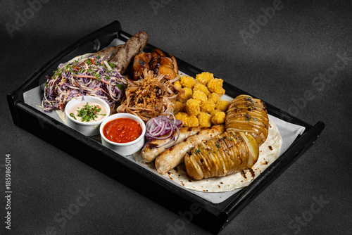 Delicious grilled meat platter with various sauces served on a wooden board, perfect for sharing with friends and family