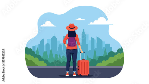 Modern vector illustration of traveler with suitcase looking at city skyline, lifestyle travel concept ideal for tourism, business travel, relocation, and destination marketing