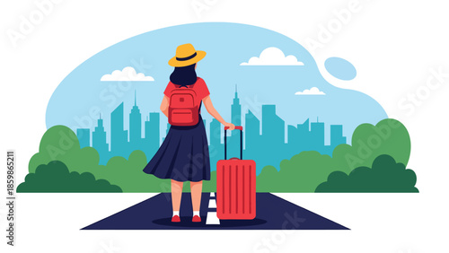 Modern vector illustration of traveler with suitcase looking at city skyline, lifestyle travel concept ideal for tourism, business travel, relocation, and destination marketing