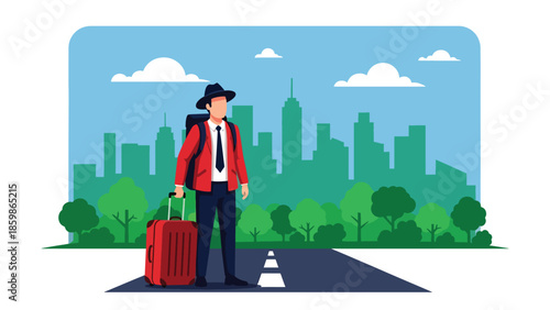 Modern vector illustration of traveler with suitcase looking at city skyline, lifestyle travel concept ideal for tourism, business travel, relocation, and destination marketing