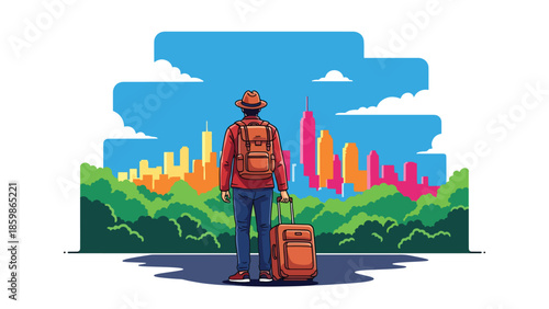 Modern vector illustration of traveler with suitcase looking at city skyline, lifestyle travel concept ideal for tourism, business travel, relocation, and destination marketing
