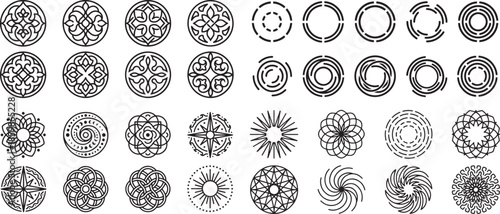 Collection of geometric and floral patterns in elegant mandala design for artistic creative template and oriental or vintage decoration