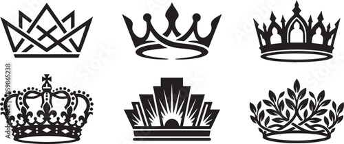Luxury crown in different royal styles with geometric shapes for elegant prince or princess symbol and heraldic royalty icon design