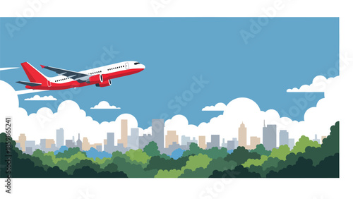 Modern vector illustration of airplane flying above clouds, aviation and travel concept ideal for airline marketing, tourism promotion, and global transportation visuals