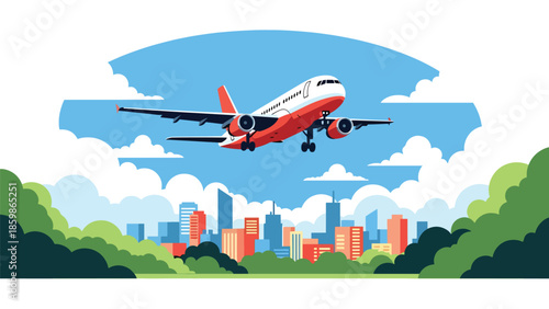 Modern vector illustration of airplane flying above clouds, aviation and travel concept ideal for airline marketing, tourism promotion, and global transportation visuals