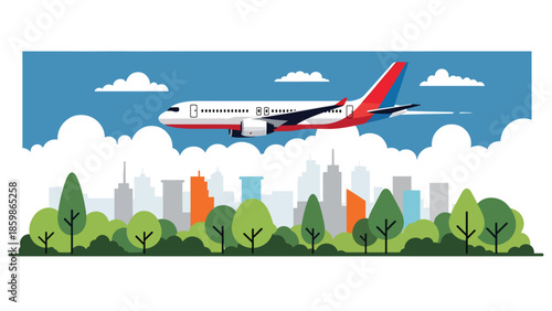 Modern vector illustration of airplane flying above clouds, aviation and travel concept ideal for airline marketing, tourism promotion, and global transportation visuals