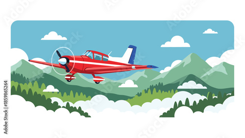 Modern vector illustration of airplane flying above clouds, aviation and travel concept ideal for airline marketing, tourism promotion, and global transportation visuals