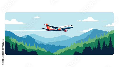 Modern vector illustration of airplane flying above clouds, aviation and travel concept ideal for airline marketing, tourism promotion, and global transportation visuals