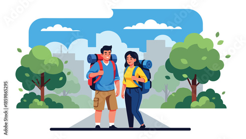 Modern vector illustration of couple traveling with backpacks in city, lifestyle tourism concept ideal for urban travel, holidays, and destination promotion