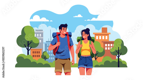 Modern vector illustration of couple traveling with backpacks in city, lifestyle tourism concept ideal for urban travel, holidays, and destination promotion