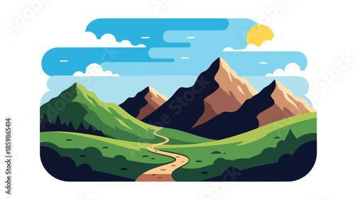 Modern vector illustration of mountain landscape with hiking trail path, adventure travel and outdoor tourism concept ideal for exploration and nature trips