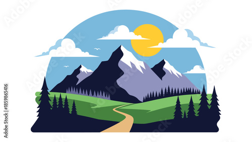 Modern vector illustration of mountain landscape with hiking trail path, adventure travel and outdoor tourism concept ideal for exploration and nature trips