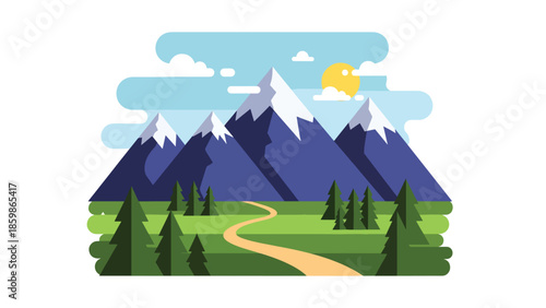 Modern vector illustration of mountain landscape with hiking trail path, adventure travel and outdoor tourism concept ideal for exploration and nature trips