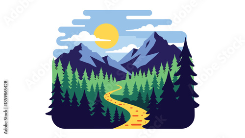 Modern vector illustration of mountain landscape with hiking trail path, adventure travel and outdoor tourism concept ideal for exploration and nature trips