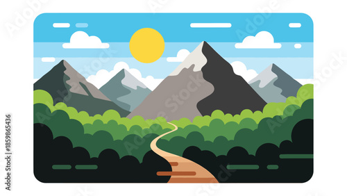 Modern vector illustration of mountain landscape with hiking trail path, adventure travel and outdoor tourism concept ideal for exploration and nature trips