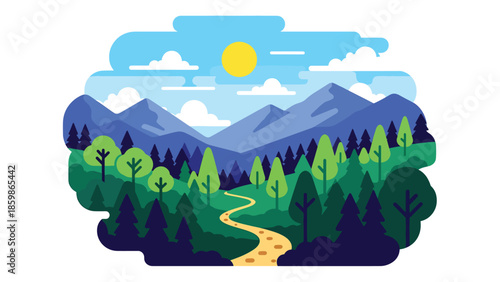 Modern vector illustration of mountain landscape with hiking trail path, adventure travel and outdoor tourism concept ideal for exploration and nature trips