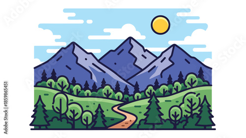 Modern vector illustration of mountain landscape with hiking trail path, adventure travel and outdoor tourism concept ideal for exploration and nature trips