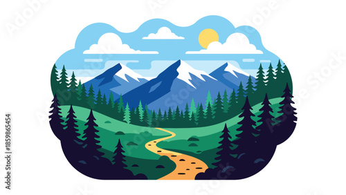 Modern vector illustration of mountain landscape with hiking trail path, adventure travel and outdoor tourism concept ideal for exploration and nature trips
