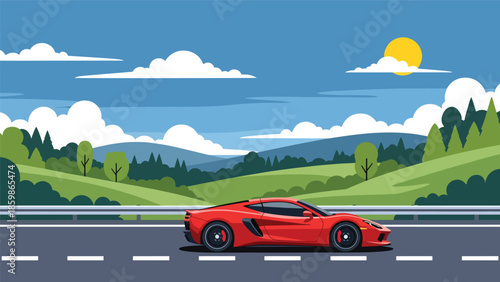 Modern vector illustration of road trip with car driving on scenic highway, freedom and travel lifestyle concept ideal for adventure and leisure tourism