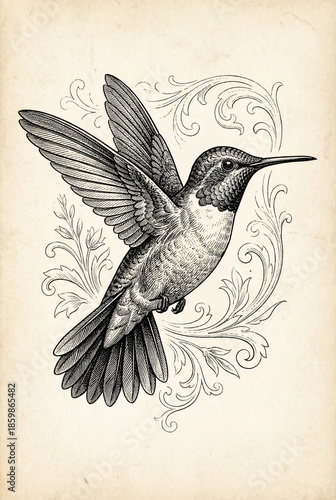 Elegant engraving of a hummingbird framed by delicate floral patterns featuring craftsmanship in vintage style