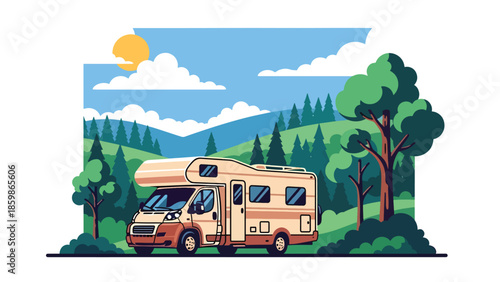 Modern vector illustration of camper van parked in nature, slow travel and outdoor adventure concept ideal for road trips and lifestyle tourism