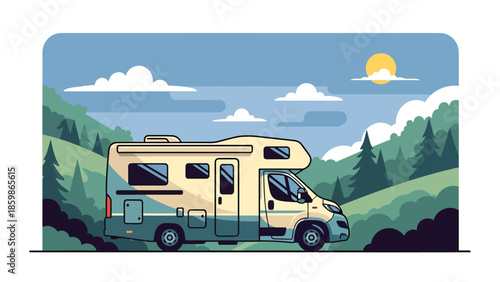 Modern vector illustration of camper van parked in nature, slow travel and outdoor adventure concept ideal for road trips and lifestyle tourism