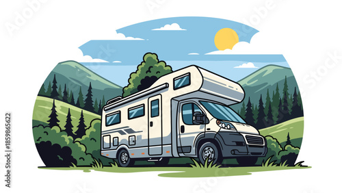 Modern vector illustration of camper van parked in nature, slow travel and outdoor adventure concept ideal for road trips and lifestyle tourism