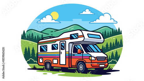 Modern vector illustration of camper van parked in nature, slow travel and outdoor adventure concept ideal for road trips and lifestyle tourism