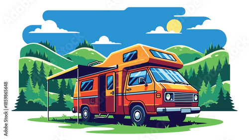 Modern vector illustration of camper van parked in nature, slow travel and outdoor adventure concept ideal for road trips and lifestyle tourism