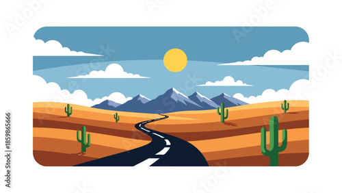 Modern vector illustration of desert road travel with mountains, exploration and freedom concept ideal for adventure tourism and road trip visuals