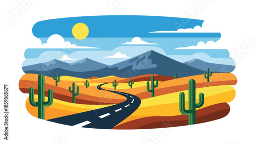 Modern vector illustration of desert road travel with mountains, exploration and freedom concept ideal for adventure tourism and road trip visuals