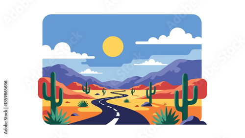 Modern vector illustration of desert road travel with mountains, exploration and freedom concept ideal for adventure tourism and road trip visuals