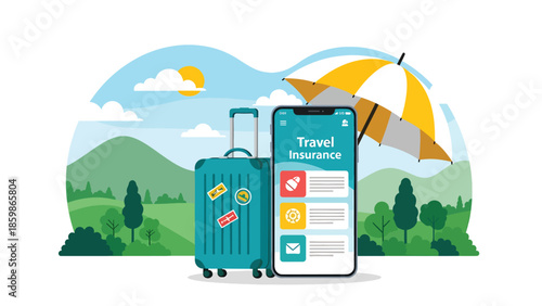 Modern vector illustration of travel insurance concept with suitcase, safe travel and protection theme ideal for tourism and insurance marketing