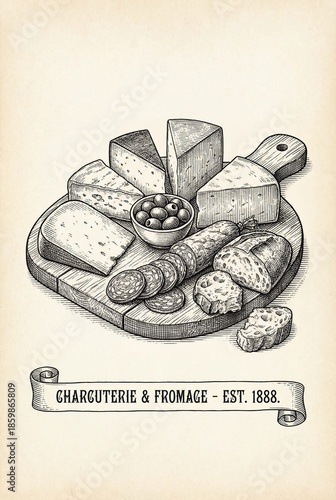 Elegant vintage engraving of a charcuterie and fromage collection from 1888 with assorted cheeses and cured meats on a wooden board
