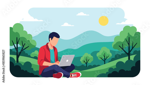 Modern vector illustration of digital nomad working remotely while traveling, remote work and modern travel lifestyle concept ideal for freelancers