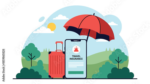 Modern vector illustration of travel insurance concept with suitcase, safe travel and protection theme ideal for tourism and insurance marketing