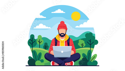Modern vector illustration of digital nomad working remotely while traveling, remote work and modern travel lifestyle concept ideal for freelancers