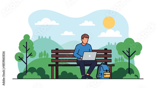 Modern vector illustration of digital nomad working remotely while traveling, remote work and modern travel lifestyle concept ideal for freelancers