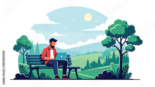 Modern vector illustration of digital nomad working remotely while traveling, remote work and modern travel lifestyle concept ideal for freelancers