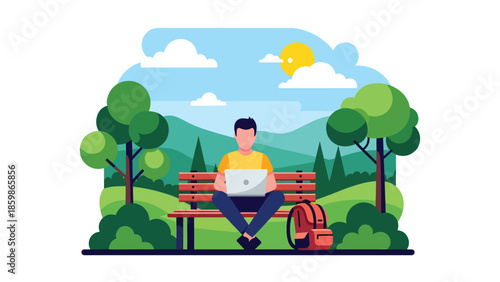 Modern vector illustration of digital nomad working remotely while traveling, remote work and modern travel lifestyle concept ideal for freelancers