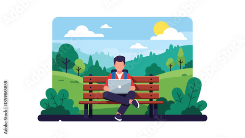 Modern vector illustration of digital nomad working remotely while traveling, remote work and modern travel lifestyle concept ideal for freelancers
