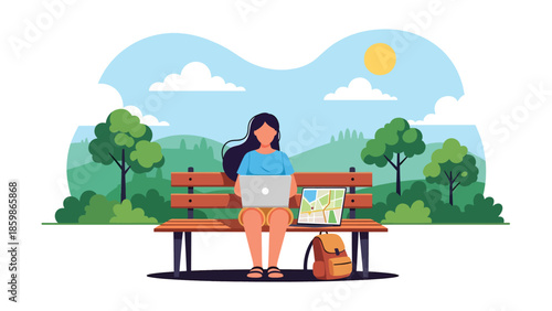 Modern vector illustration of digital nomad working remotely while traveling, remote work and modern travel lifestyle concept ideal for freelancers