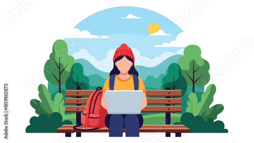 Modern vector illustration of digital nomad working remotely while traveling, remote work and modern travel lifestyle concept ideal for freelancers