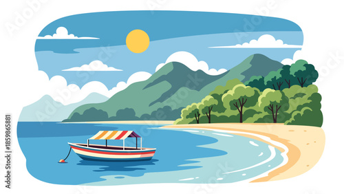 Modern vector illustration of island travel destination with boat and coastline, summer vacation and tourism concept ideal for leisure promotions