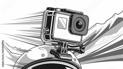 Action camera mounted on helmet, capturing fast-paced outdoor adventure and thrilling moments