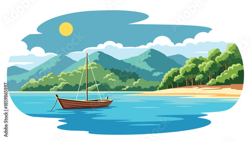 Modern vector illustration of island travel destination with boat and coastline, summer vacation and tourism concept ideal for leisure promotions