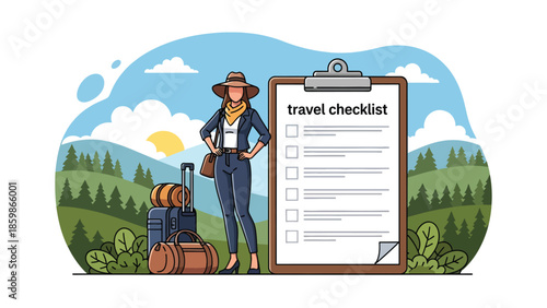 Modern vector illustration of travel checklist and planning board, organization and preparation concept ideal for trip planning and travel education