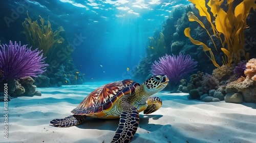 Wallpaper Mural Hawaiian Green Sea Turtle resting on sandy ocean floor, surrounded by colorful coral, plants and small fish in bright sunlit water. Torontodigital.ca