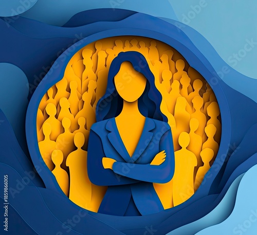 Abstract paper cut of a woman leader with arms crossed in front, a crowd behind her, against a blue background with yellow colors, in a flat design illustration, in a circular shape, with high resolut